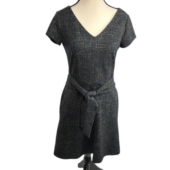 LOFT Black Knit Dress Womens Size 0 Short Sleeve V-Neck Tie Waist Work Classic - Picture 1 of 6